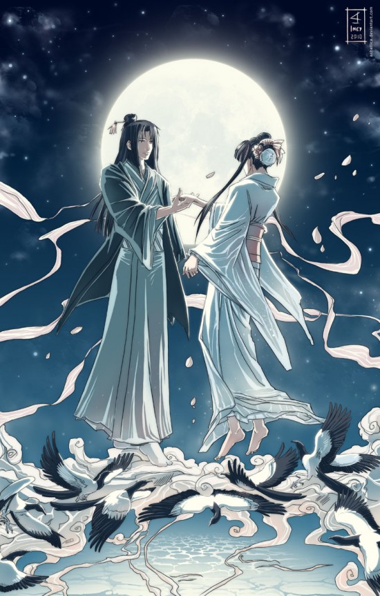 Orihime and Hikoboshi crossing the Great Celestial River over magpies' wings. Image by Anhellica via Lilliacerise's blog
